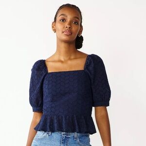 Draper James Navy Blue Puff Sleeve Square Neckline Peplum Hem Eyelet Top size M